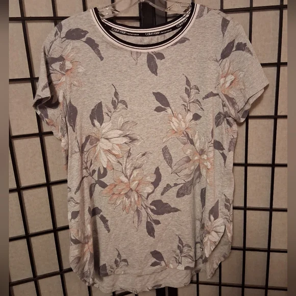 Calvin Klein Performance Stretch Floral (Gray Purple Cream) Short Sleeve Top- Lg - Picture 2 of 7